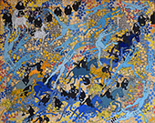 elget Guruus: Unicorn -9/12 by OtGO 1747-2025, ink and acryl on original paper from 1747. consists of 12 equal-sized single paintings 69 x 250 cm. each measuring 34,5 x 42,5 cm