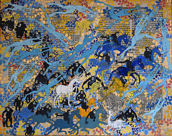 Belget Guruus: Unicorn 11/12 by OtGO 1747-2025, ink and acryl on original paper from 1747. consists of 12 equal-sized single paintings 69 x 255 cm. each measuring 34,5 x 42,5 cm