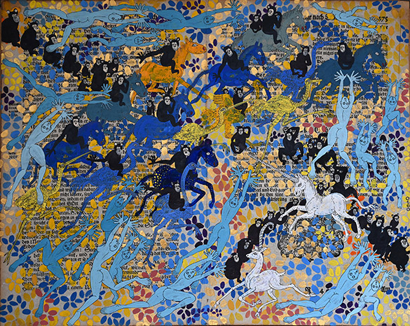 Belget Guruus: Unicorn 12/12 by OtGO 1747-2025, ink and acryl on original paper from 1747. consists of 12 equal-sized single paintings 69 x 255 cm. each measuring 34,5 x 42,5 cm